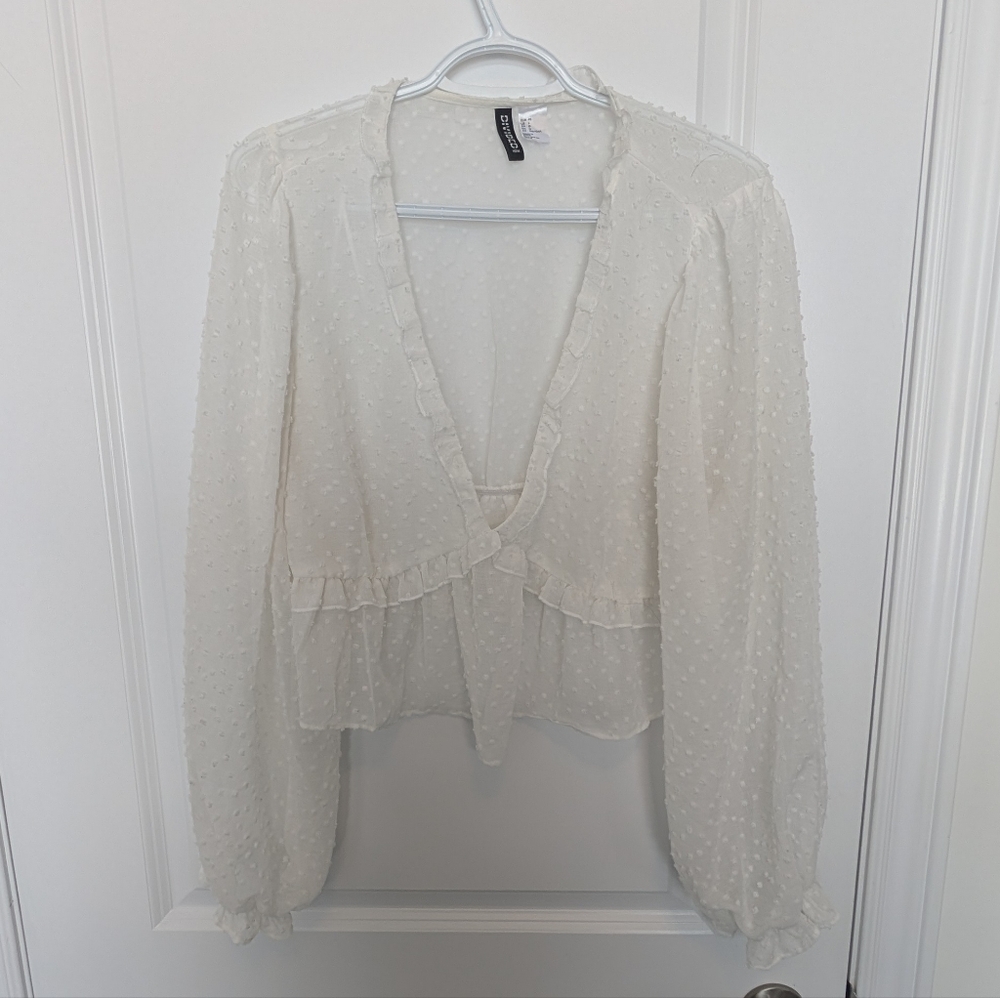 H&M Cream Sheer Swiss Dot V-Neck Peplum Blouse
